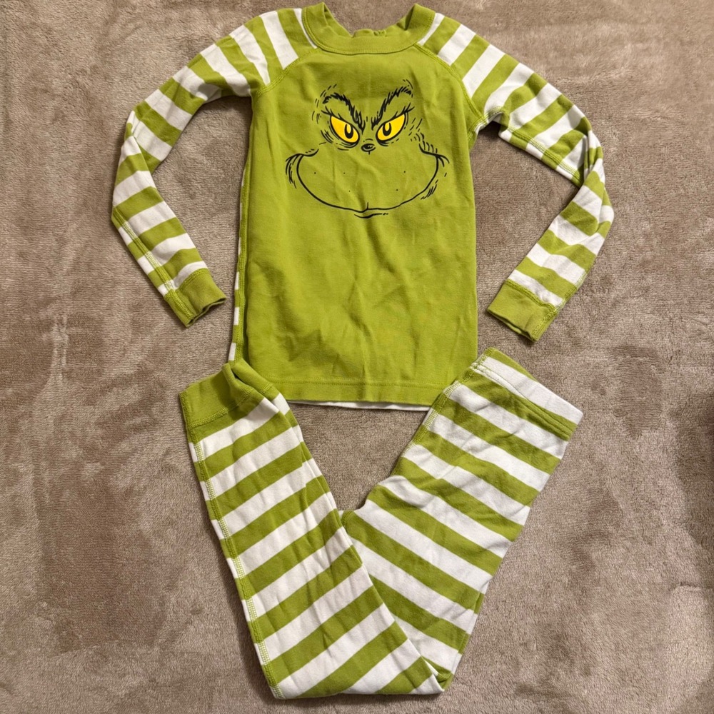 Hanna Andersson Kids Grinch Organic Cotton Pajama Set Green White Stripe 6-7 120